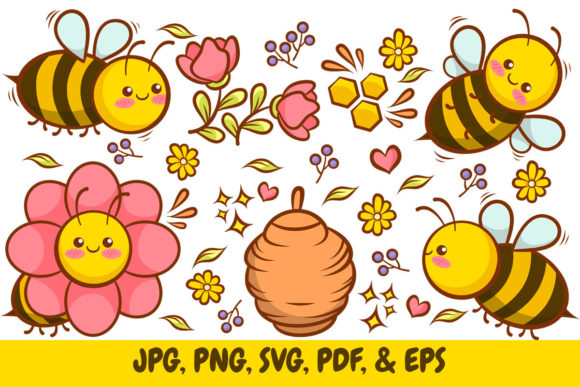 Cute a Bees with Flowers Honey and Hive Graphics and Illustrations Review