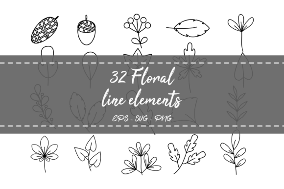 Set 32 Flowers and Leaves Line Doodles for Graphics & Illustrations